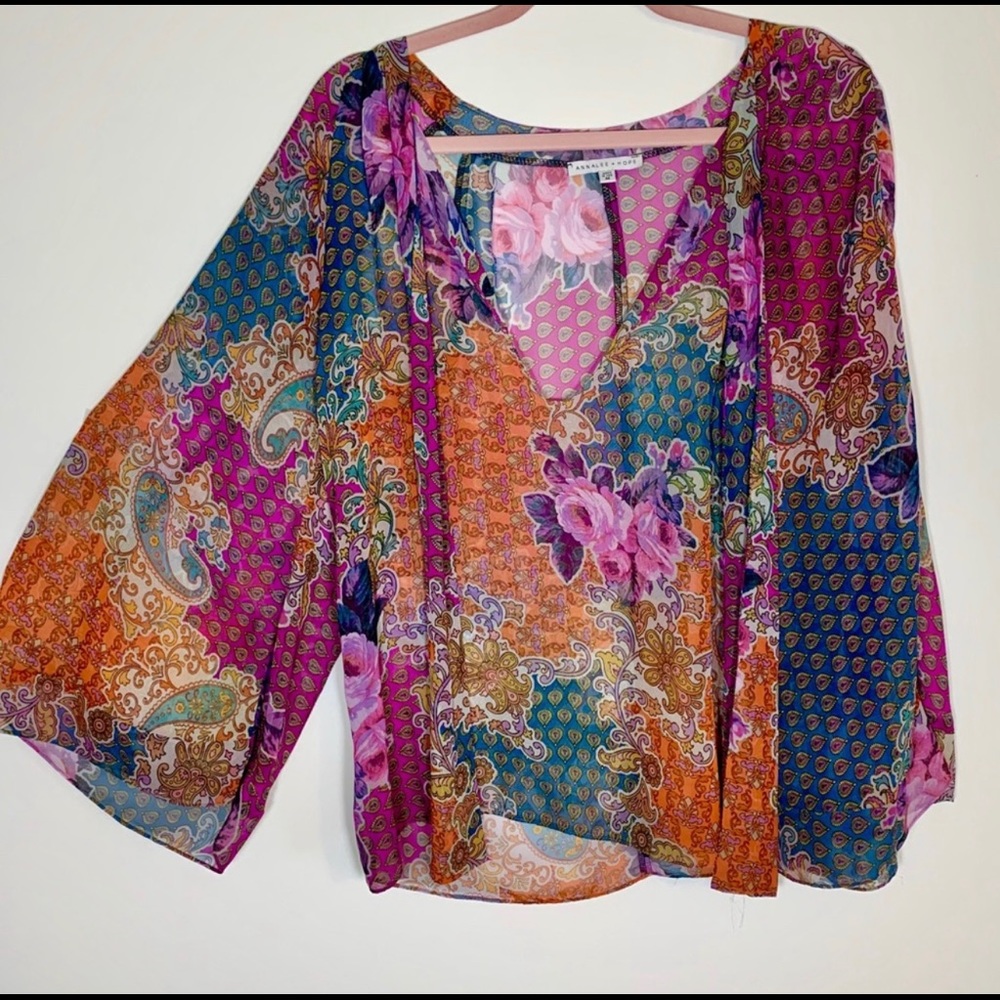 Annalee + Hope bell sleeves patchwork sheer blouse - Picture 1 of 4